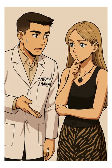 fai un webtoon/manga a colori con questo kinesiologo in camice bianco (fagli la scritta "ANTONIO ANANIA" SUL CAMICE) CHE PARLA CON QUESTA RAGAZZA CON GLI OCCHI AZZURRI. la ragazza HA UN DITO SUL MENTO MENTRE PENSIEROSA gli fa una domanda e IL KINESIOLOGO CON IL CAMICE BIANCO LE risponde. NON FARE I FUMETTI, FAI SOLO LORO COME SE DIALOGASSERO sticker