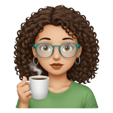 White girl with dark brown curly hair, brown eyes, sky blue glasses, nose piercing septum, green t shirt, drinking coffee from a cup sticker