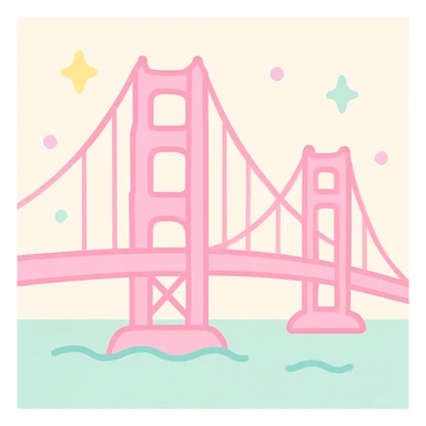 {
  "style_description": {
    "overall_look": "Cute, minimal, and soft with a friendly and playful tone",
    "material_simulation": {
      "primary_material": "flat digital color",
      "texture_detail": "smooth surfaces with no texture or shading",
      "pattern": "none or very simple decorative accents (e.g., hearts, stars)"
    },
    "geometry": {
      "edge_style": "rounded, soft curves with no sharp angles",
      "dimensionality": "flat two-dimensional appearance with simple shapes"
    },
    "color_palette": {
      "scheme": "pastel and light tones",
      "preferred_colors": ["pink", "mint", "lavender", "baby blue", "peach"],
      "contrast": "low contrast with bright accents"
    },
    "facial_features": {
      "eyes": "large, sparkly, often oval or circular",
      "mouth": "small, often a simple curve or dot",
      "expression": "joyful, innocent, or calm"
    },
    "lighting": {
      "type": "none or implied with soft highlights",
      "purpose": "maintain a clean and cheerful look"
    },
    "render_constraints": {
      "avoid": ["realistic shading", "high detail", "dark themes", "texture noise"],
      "focus_on": ["cute expression", "iconic simplicity", "emotional warmth"]
    },
    "background": {
      "color": "white or soft pastel",
      "style": "plain or patterned with simple icons (e.g., polka dots, stars)",
      "lighting_consistency": "no shadows, evenly lit feel"
    }
  }
}

{subject} = golden gate bridge sticker