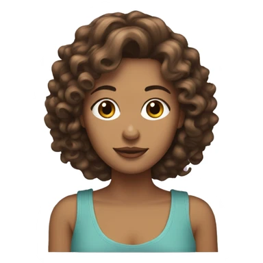 white women with curly medium length brunette hair, holding a yorkie dog sticker