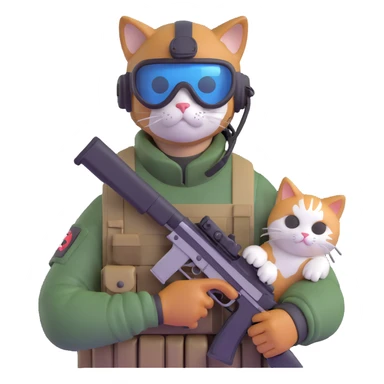 Man in tactical airsoft gear wearing protective goggles on face, holding a gun in one hand and a white and brown cat in the other hand sticker