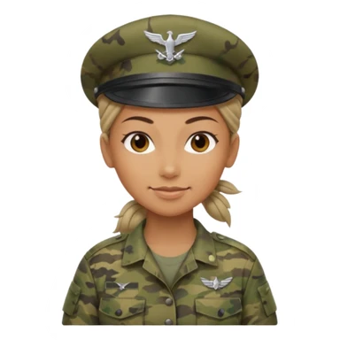 Apple emoji look — female soldier, no cap/helmet, bust, neutral smile, generic camo shirt, hair tied back, soft gradients, no weapon sticker