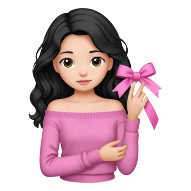 Girl with black wavy little long hair and a ribbon hair clip beside it make it look like wearing a pink off shoulder sweater  sticker