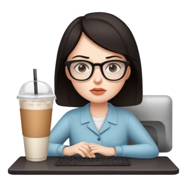 컴퓨터 작업 중 + 아이스 아메리카노(테이크아웃 잔)링거 + 다크서클 + 검은머리 여성 sticker