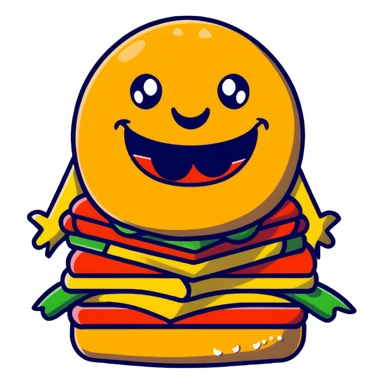 A fun food monster made of burger, pizza, and fries with cartoon eyes and a big smile sticker