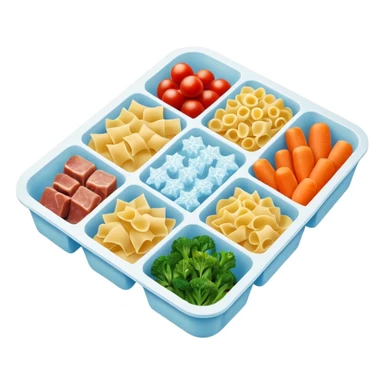 rectangular frozen food tray 2-3 compartments frozen pasta vegetables meat frosty ice crystals muted colors firm uncooked dark simple tray no branding no utensils no packaging soft lighting transparent background emoji scale sticker