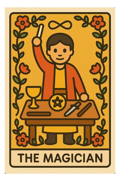 Simplified emoji of The Magician tarot card inspired by Rider Waite Smith, showing a magician with a wand, table with symbols, and a floral border, classic tarot card style sticker