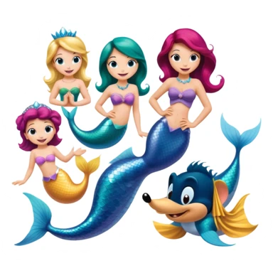 Colorful icon for Animated Movies: mermaid costume and could A vibrant collage featuring iconic characters like Goofy, Mickey Mouse, Franco, Masha and the Bear and Luntik. Each character should be large and bright, set against a cheerful and playful background of Disneyland. Transparent background. sticker