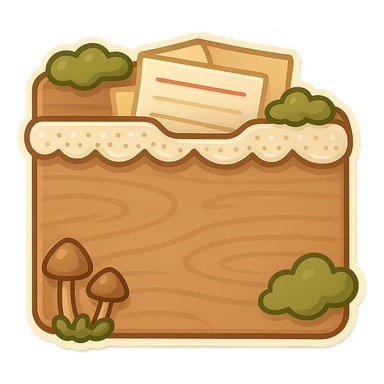 Edit the exact cottagecore folder to appear full of papers, with some papers peeking out the top. Keep the same art style, wood texture, lace, moss, mushrooms, and transparent background. No words or text. sticker