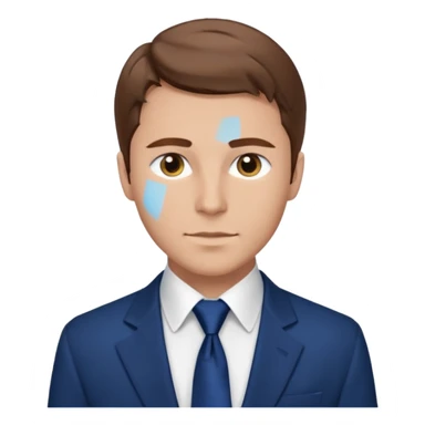 un homme type caucasien brun avec des jolies traits avec une chemise blanche et une veste a manche longues et cravate bleu il a les yeux marron sticker