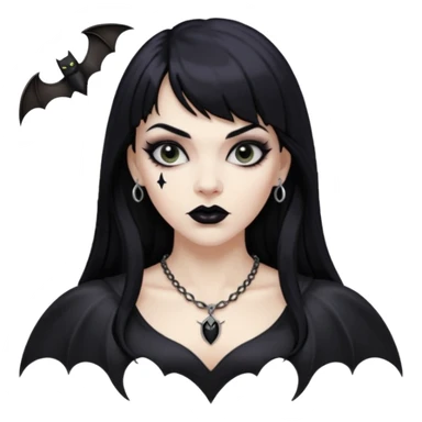 vampira mulher branca com cabelo preto longo com franja na testa, sobrancelha grossa e lábios com batom preto com colar preto e pingente de morcego preto sticker