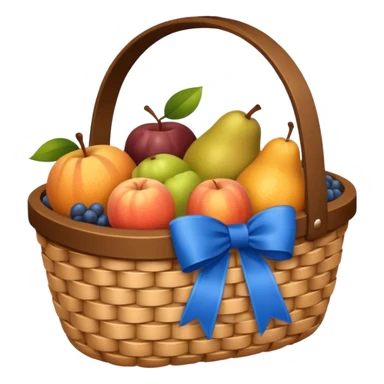 A basket with a blue ribbon on the handle sticker