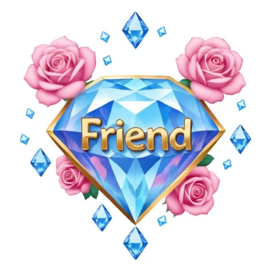 a heavenly pink and blue clouds covering diamonds with beautiful roses and petals and a text that says''Friend'' sticker