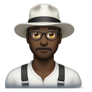Dark skinned man with a white fedora and glasses and small black beard sticker