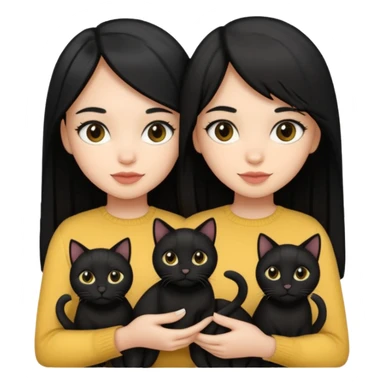 2 light skin tone girls with black straight hair holding 3 black cats sticker
