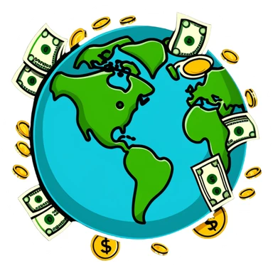 Money world with dollar bills and coins surrounding Earth sticker