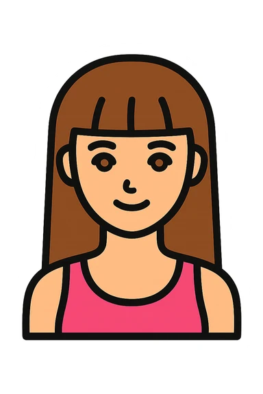 icon of an American girl with long brown hair with bangs, pink tank top, hazel eyes, slim build, outlined, simple and modern sticker