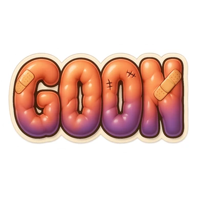 The word GOON with amorphous, glossy, blobby muscle shapes under the skin, using large cartoon bandages, purple and yellow bruises, and stitched wounds. Retro sticker style, no background. sticker