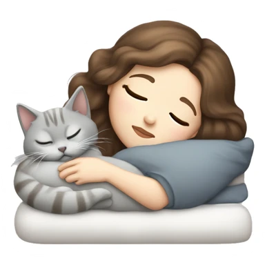 White girl brown hair sleeping with light grey kitty sticker