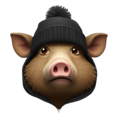 Bored brown boar in a black winter hat and black jacket sticker
