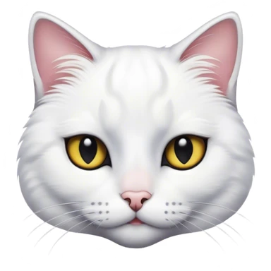 A white cat with a black spot on her left eye and a black back sticker