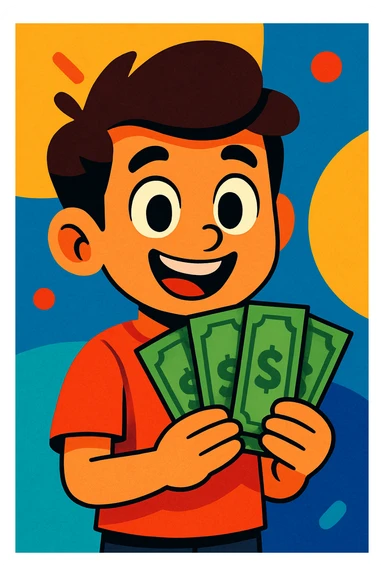 a boy holding money sticker