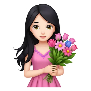 beautiful girl with long black hair, fair skin, wearing pink dress holding a colorful bouquet of flowers sticker