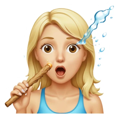 blond woman eating a stick the same color as her skin, water stream squirting directly from the stick into her open mouth, surprised expression sticker