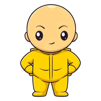 Saitama with blank face from One Punch Man, plain expression, bald head, simple round eyes, yellow hero suit, comical anime look sticker