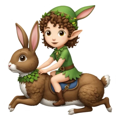 tiny forest elf short tight curly brown hair riding rabbit sticker