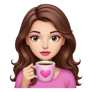 girl with long wavy brown hair, brown eyes, long lashes makeup,sexy pink lips, light to medium complexion, pink sexy top, with a coffee mug sticker