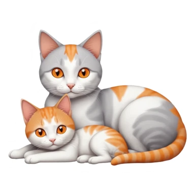 full body of a grey and white cat cuddling a very small + skinny ginger and white kitten with deep orange eyes and triangular shaped face lying down sticker