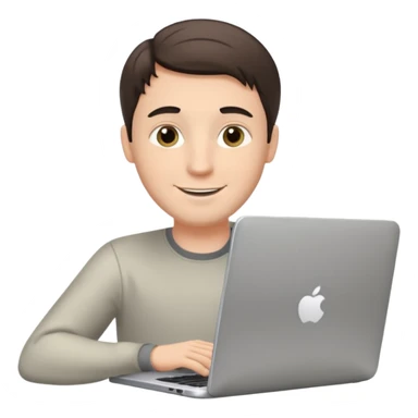 A white brunette man in his mid 20s, middle parted short hair, average dude with slightly droopy eyes, happy, using a silver laptop (no logo) sticker