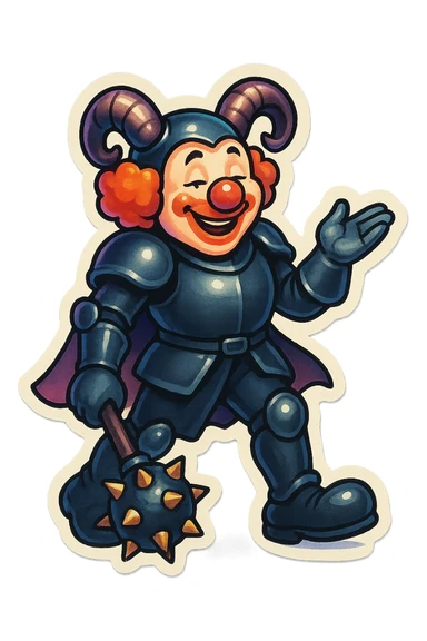A cheerful armored clown with ram horns, glossy black on matte black armor, short cape, large black clown shoes, standing with one foot forward, one arm down holding an oversized spiked mace, the other hand gesturing as if explaining something, eyes half-closed, vibrant retro stickers style, no yellow aged tint, full body, transparent background sticker