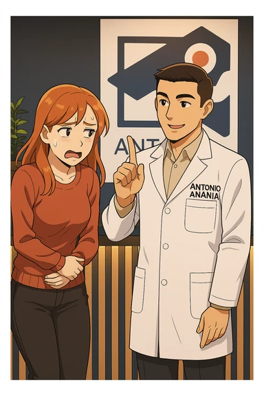 su questo stile fai un manga/webtoon a colori in cui una donna PREOCCUPATA FA UNA DOMANDA ALL'UOMO, l'uomo della foto in stile manga LE DICE DI "NO" CON IL DITO, mantieni un ambiente simile alla foto che ho allegato con il suo logo (sarebbe il suo studio, lui è un kinesiologo), scrivigli "ANTONIO ANANIA" sul camice bianco, non mettere fumetti, ma fai in modo che sembri che la donna CHIEDA ALLARMATA E L'UOMO LA TRANQUILLIZZI sticker