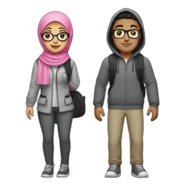 young white man with black hair, glasses, and gray clothes, and woman with hijab, glasses, and pink clothes, both with backpack for holiday trip, full body sticker