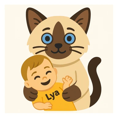 Create an image of a Birman seal point cat holding a baby human named Lya with short dark blonde hair in its paws. The baby is smiling. The style should resemble emoji style as closely as possible. sticker