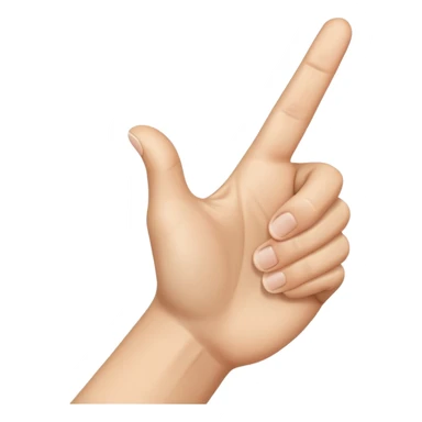A realistic close-up photo of a right hand entering the frame from the bottom right corner, back of the hand facing the camera, pointing diagonally upwards to the left with only the thumb and index finger extended in a finger gun or L-shape gesture, other fingers closed and tucked in. sticker