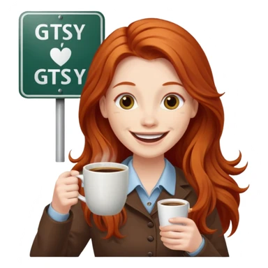 Excited long haired redhead drinking coffee holding sign in front saying GTSY sticker