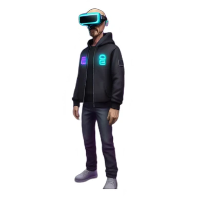 Walter White wearing a black hoodie with "OMG" letters on it and VR headset in a cyberpunk VR environment with violet neon lighting. sticker