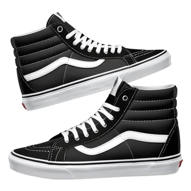 Black Vans Sk8-Hi high top shoes arranged as a pair with one slightly behind the other, classic black with white jazz stripe and white sole sticker