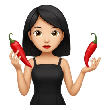 asian black short shoulder length hair tanned woman, black dress cooking, holding chili pepper sticker