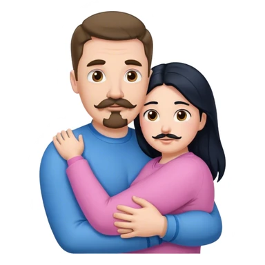 Tall strong white man with brown mustache goatee wearing blue hugging a chubby short pale woman with long black hair wearing pink sticker