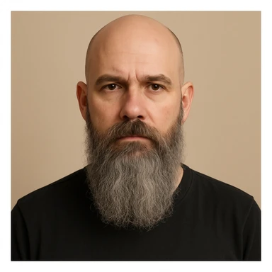 a bald man with a long grey beard, neutral expression, simple background sticker