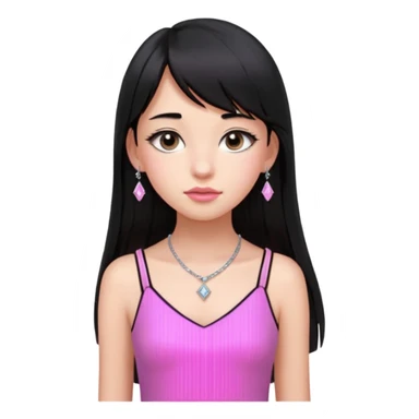 Cabelos pretos longos lisos ,com franja curvada  na altura do queixo .olhos pretos puxadinho para cima. Cílios longos curvados. Pele clara ,nariz pequeno ,lábios carnudos ,adolescente 16 anos ,vestido rosa de alça, colar pequeno prata ,brinco de diamante pequeno  sticker