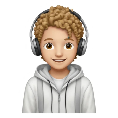 Faça um adolescente de cabelo cacheado médio sorrindo com um aparelho dental e fones de ouvido, com um moletom branco sticker