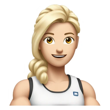 Close up Actively gesturing  with hands Pale skinned Fit woman With the biceps and blonde hair in dark gray Sleeveless Mike, black sports shorts, watch and white Sneakers sticker