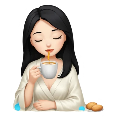 black hair girl long hair inside a white milky satin blanket sipping coffee eyes closed sticker