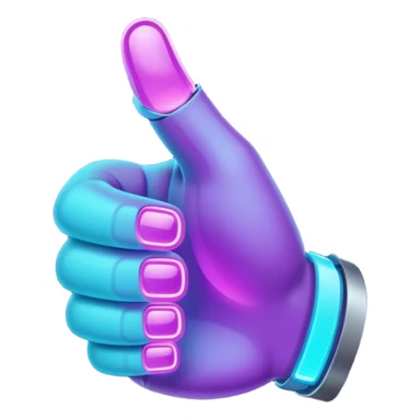 futuristic glowing thumbs up, neon purple and cyan light, dark background, digital tech style sticker