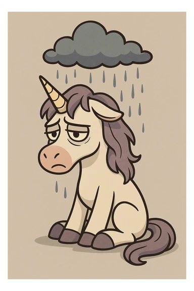 a melancholic unicorn sitting alone with a raincloud overhead, soft shading sticker